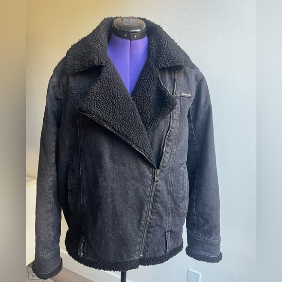 Calvin Klein Women’s Sherpa Moto Denim Jacket Black Size Large Casual Streetwear - Picture 6 of 12